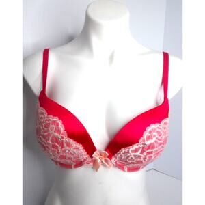 Victoria's Secret Very Sexy Plunge Bra 36C Pink Red Lace Push Up New